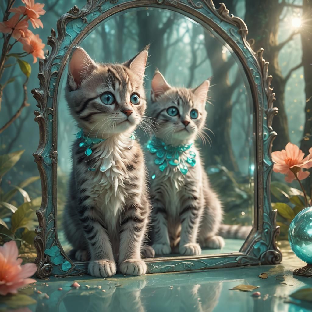 Kitten's Reflection in Enchanted Forest: Fantasy Art