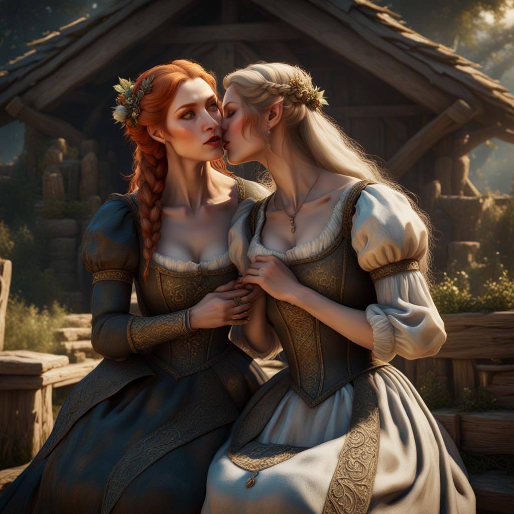 Medieval Women Kissing in Cottagecore Fantasy Art