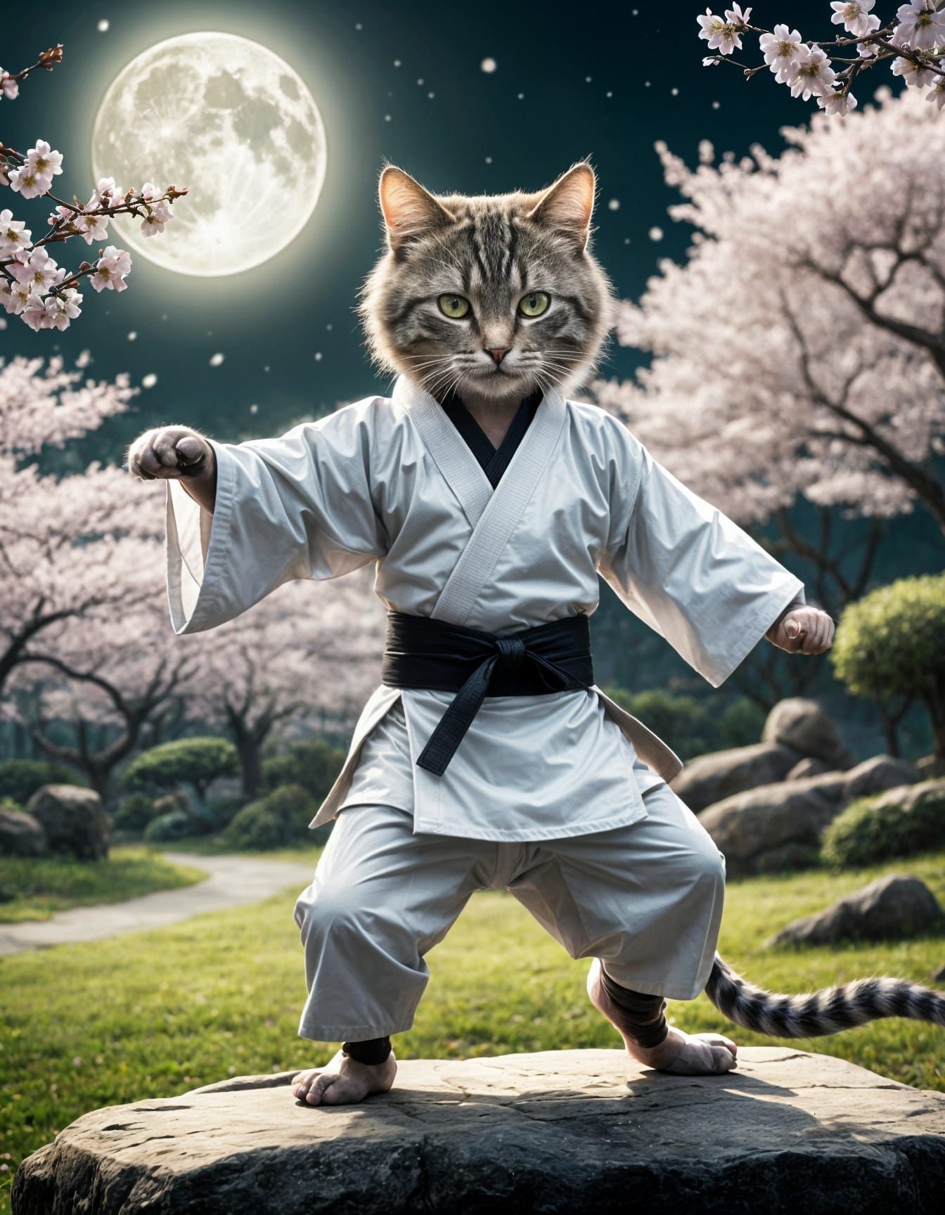 Anthropomorphic Cat Practicing Karate in Fantasy Setting