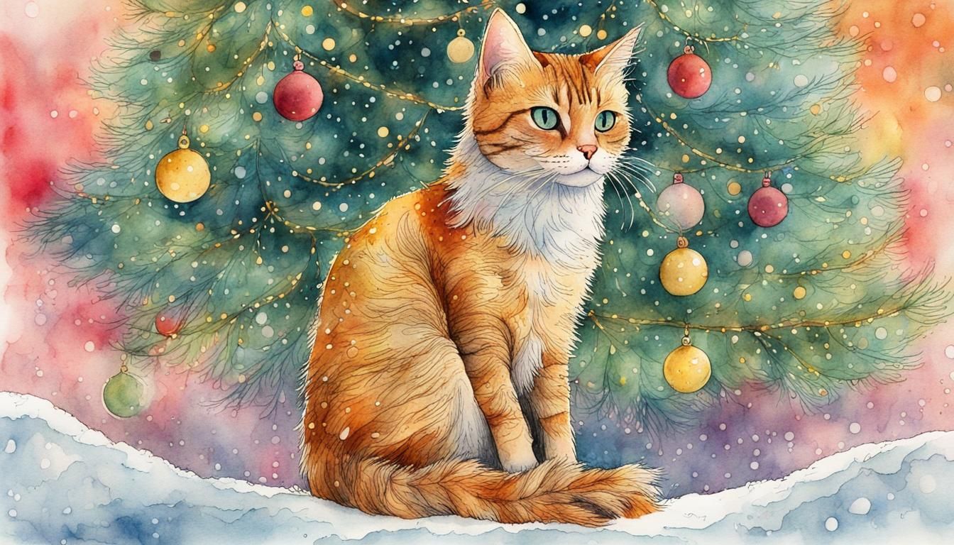 Christmas Cat: Surreal Watercolor Ink Splash Art