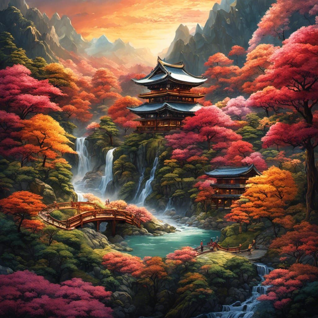 Japanese Origami Landscape with Temple and Waterfall