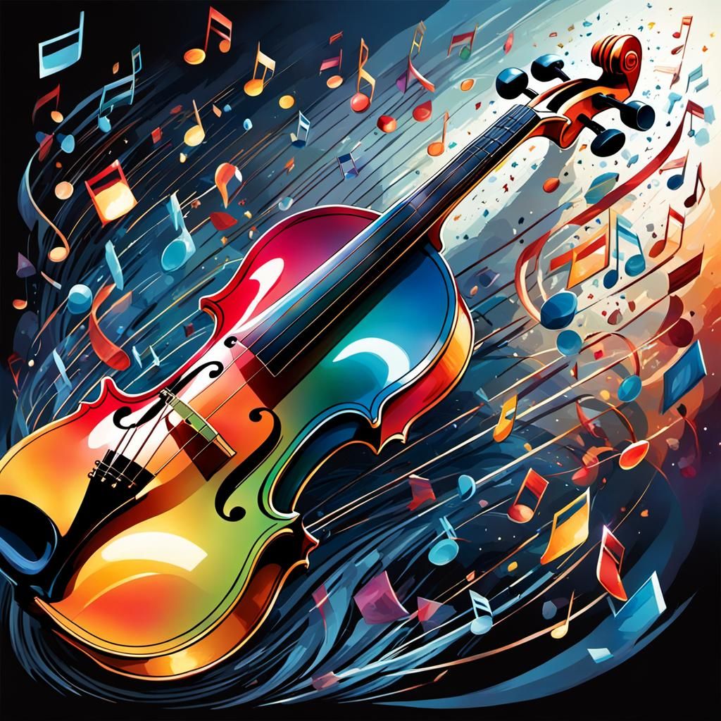 Distorted Violin with Melting Musical Notes in Comic Art