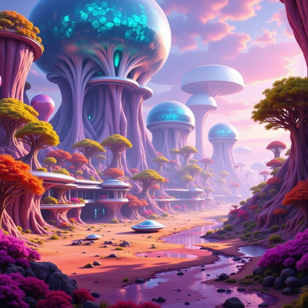 Futuristic Space Travel Scene with Alien Architecture