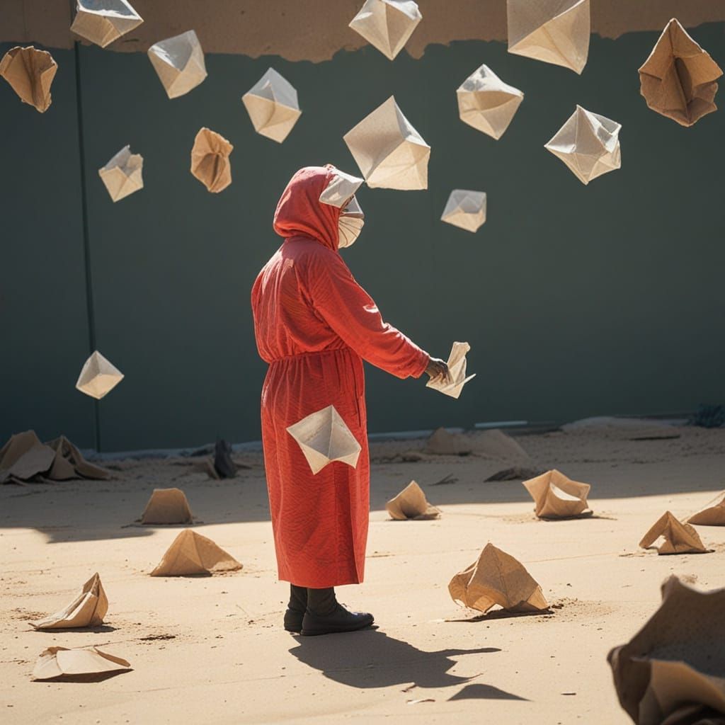 Abstract Collage of Migrant Worker in Vivid Red