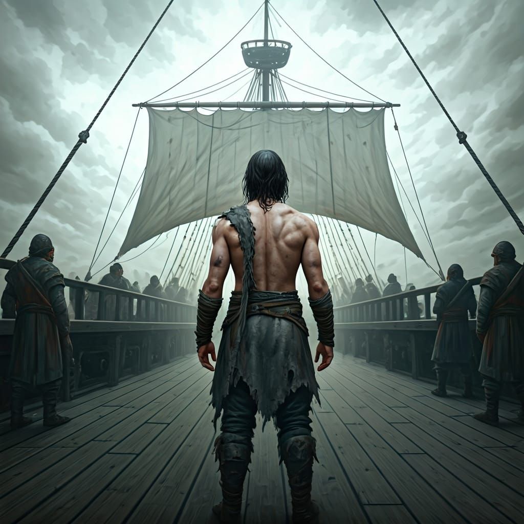 Realist Man on Ship with White Sail