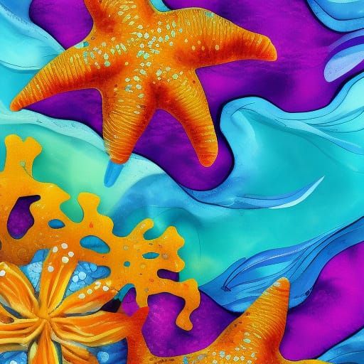 Watercolor Starfish with Flowers and Waves