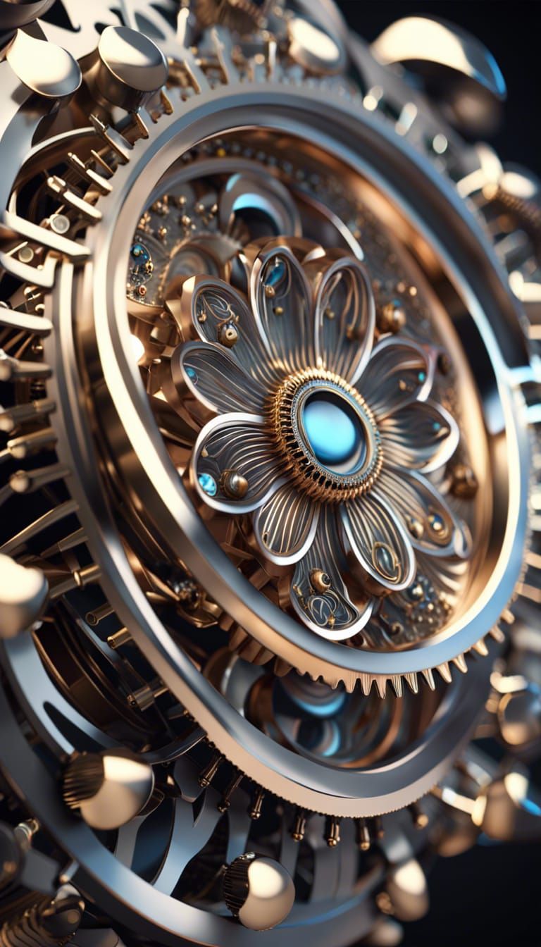 Metallic Clockwork Flowers Drifting in Space