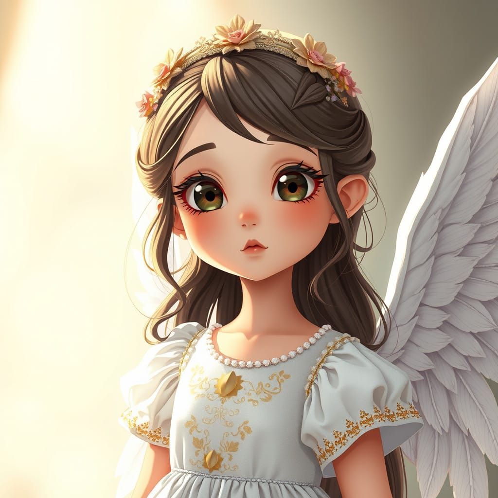 Stunning Anime-Style Angel in Vivid Embroidered Dress