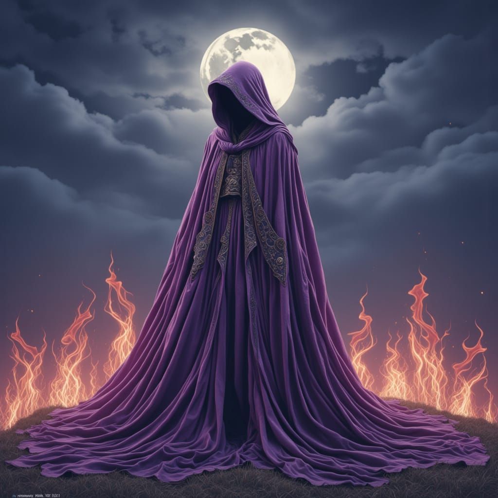 Surreal Figure in Violet Robes Amidst Ethereal Flames