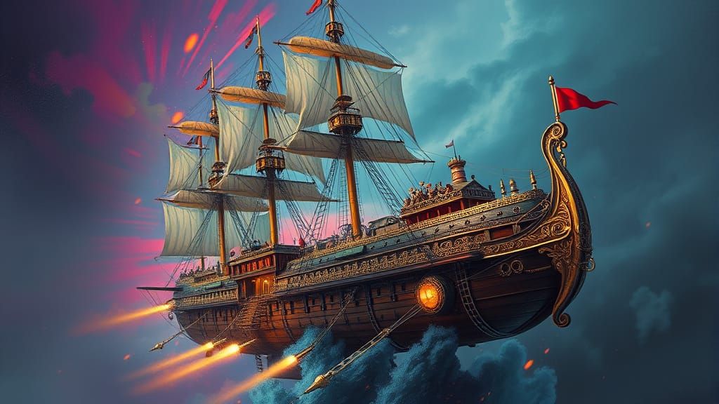 Steampunk Airship with Town in Concept Art Style