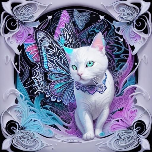 Black-Light Art White Cat with Butterflies and Flowers