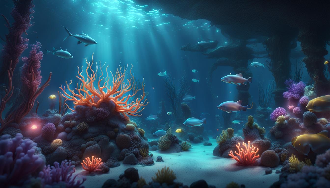 Glowing Underwater Ecosystem in Detailed Matte Painting Styl...
