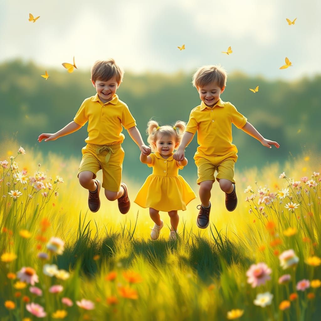Twin Boys and Sister Celebrate Spring in Vibrant Meadow