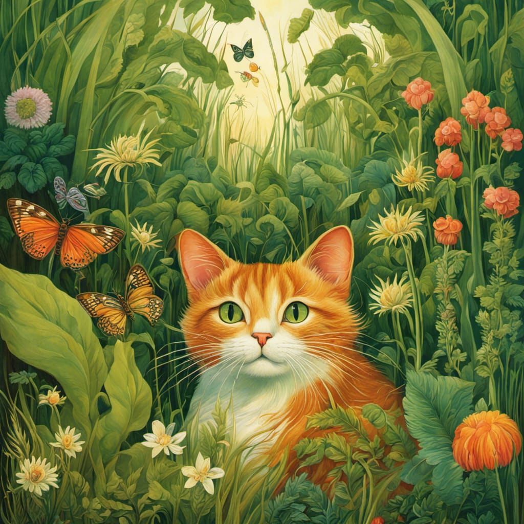 Botanical Cat Illustration in Surreal Expressionist Style