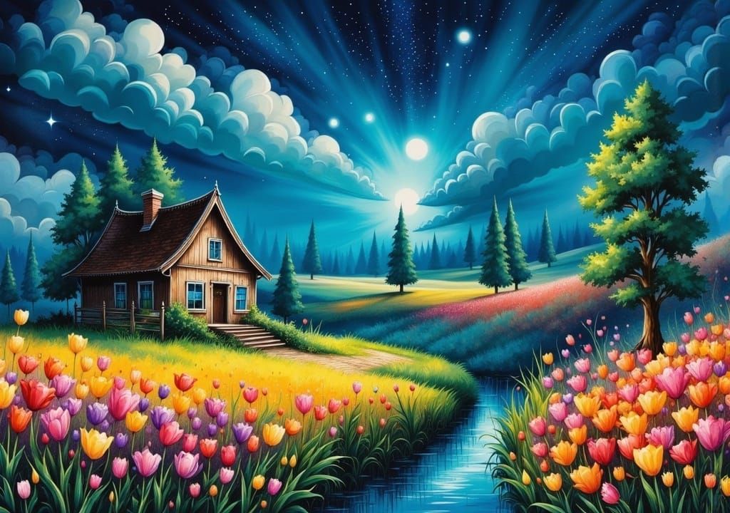 Dutch Landscape with Tulips in Naive Art Style