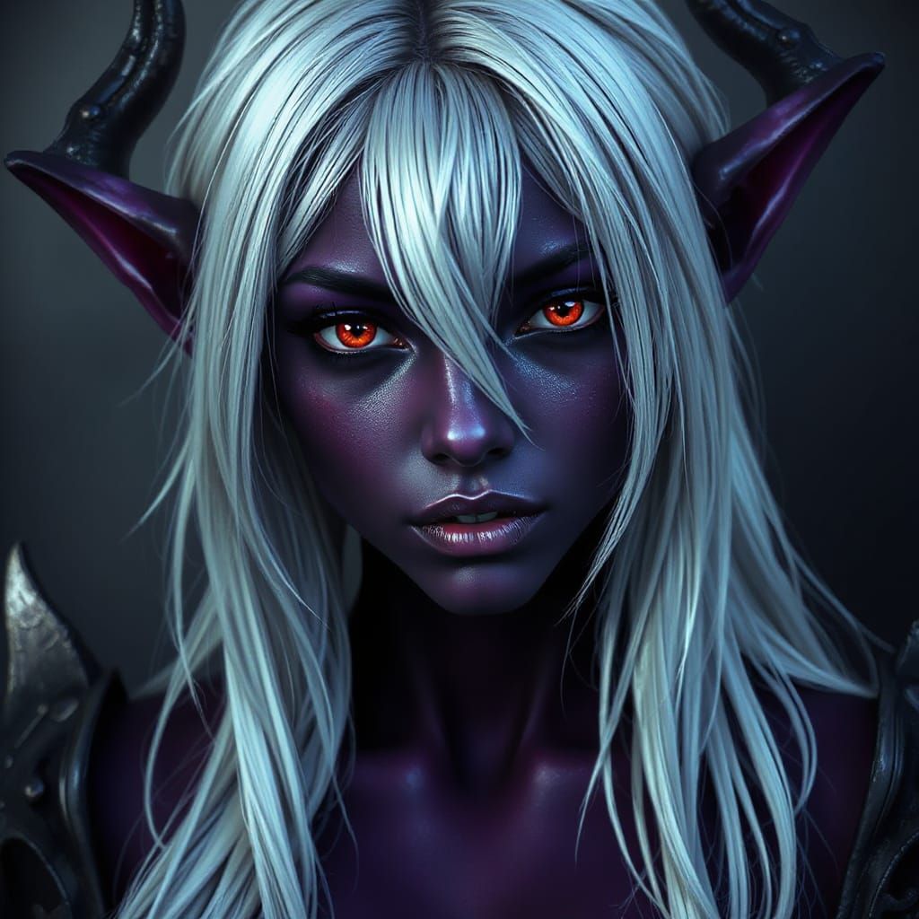 Mysterious Dark Elf Maiden with Violet Skin and Silver Tress...