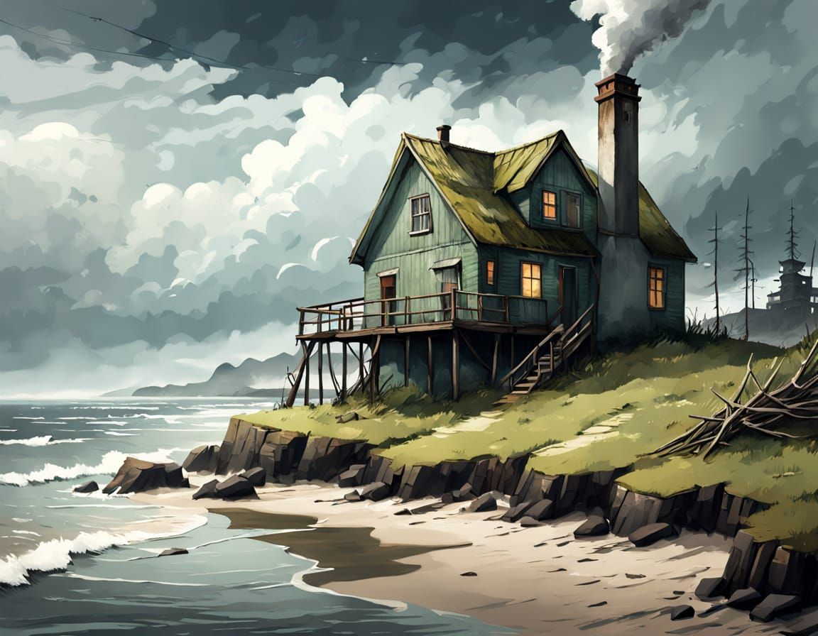 Whimsical Cottage on a Stormy Seaside