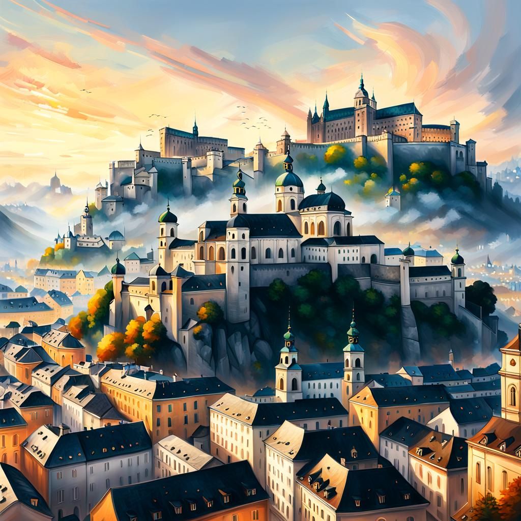 Salzburg Cityscape in Impressionist Oil Painting Style