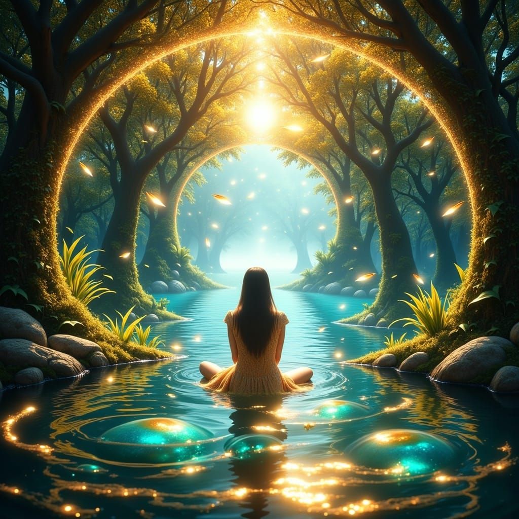 The Woman Enters a Cosmic Pool in Vibrant Colors