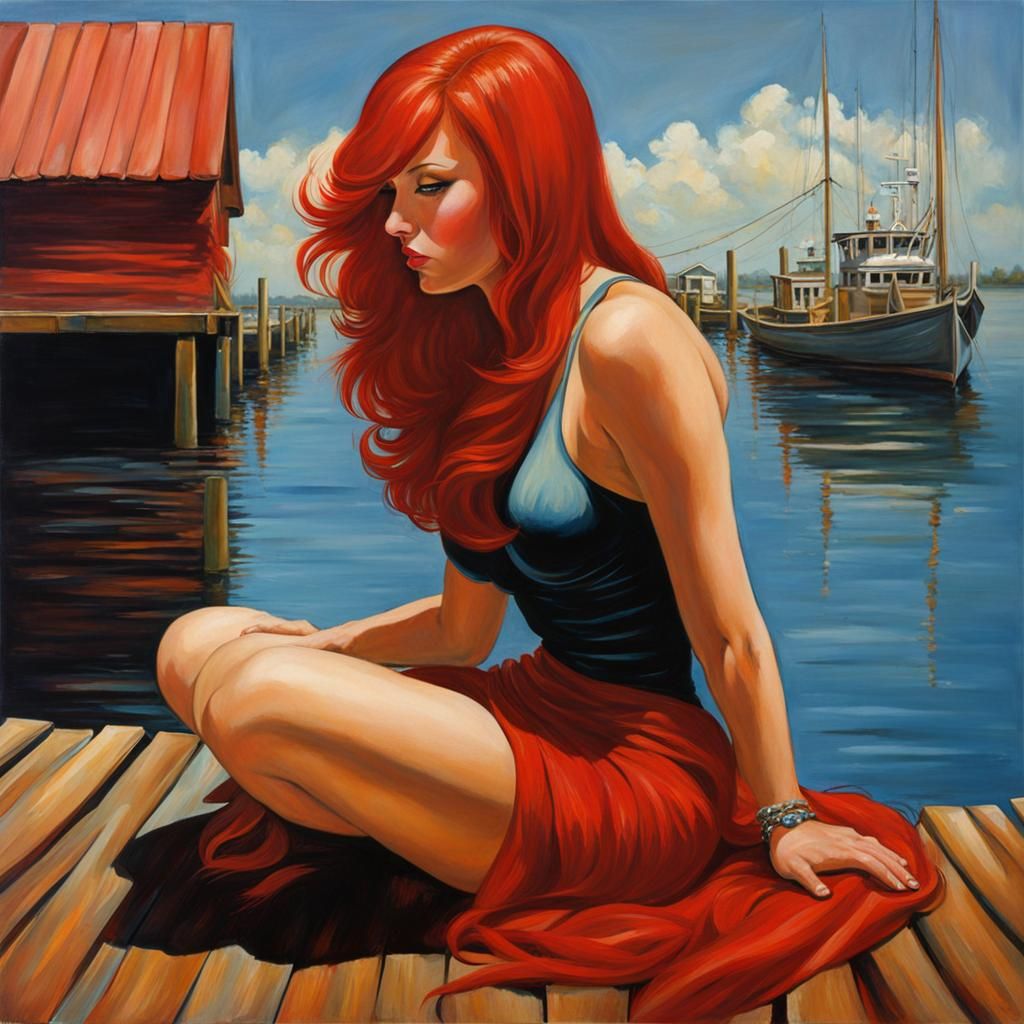 Woman with Red Hair on Dock in Sci-Fi Style