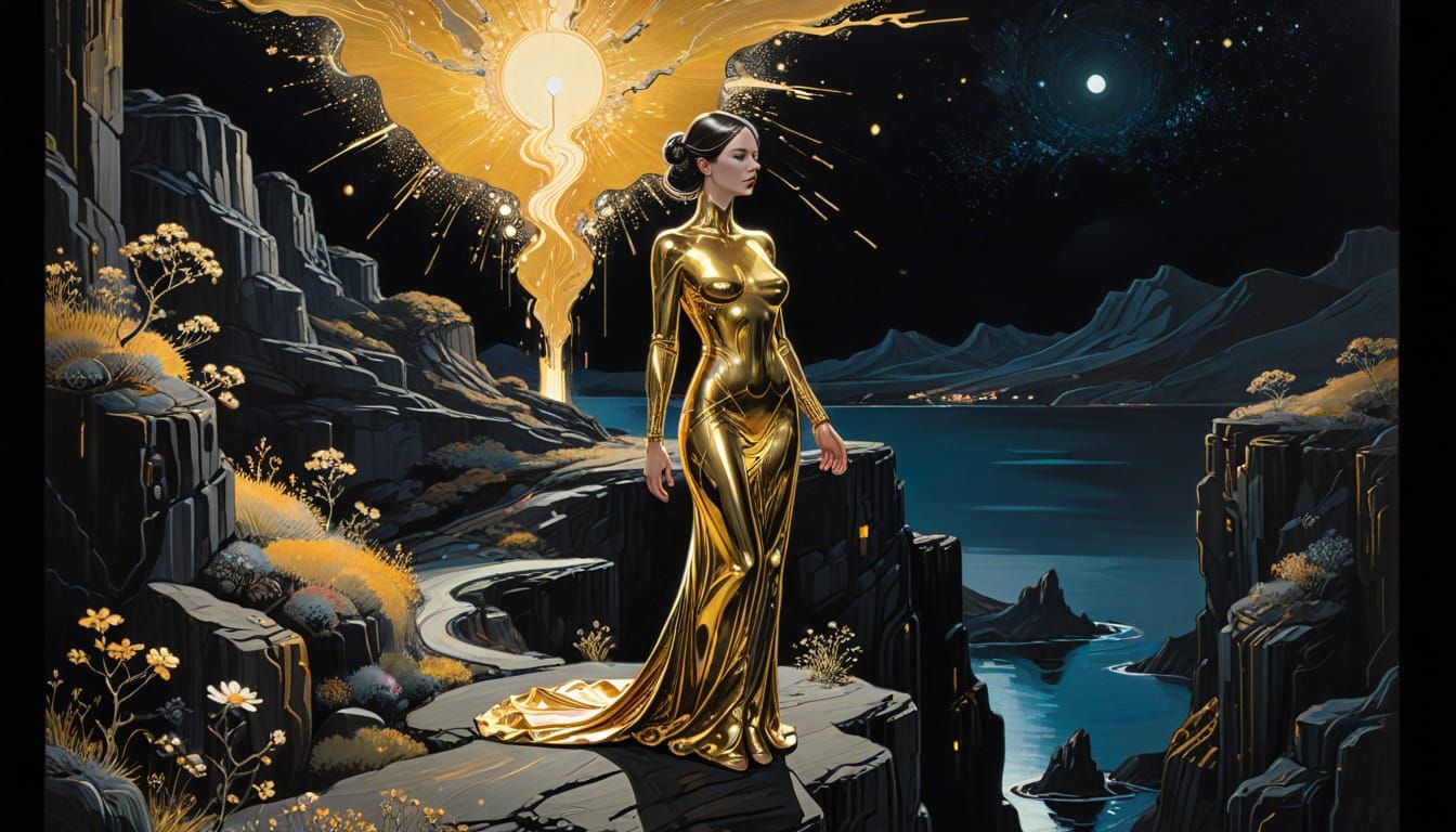 Cyberpunk Woman in Golden Gown on Cliff