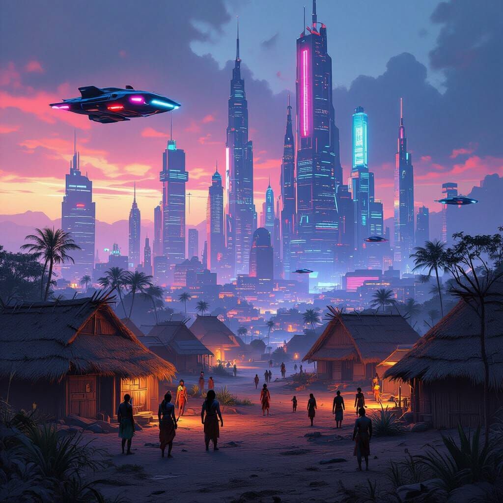 Neon City Meets Tribal Village in Dystopian Future