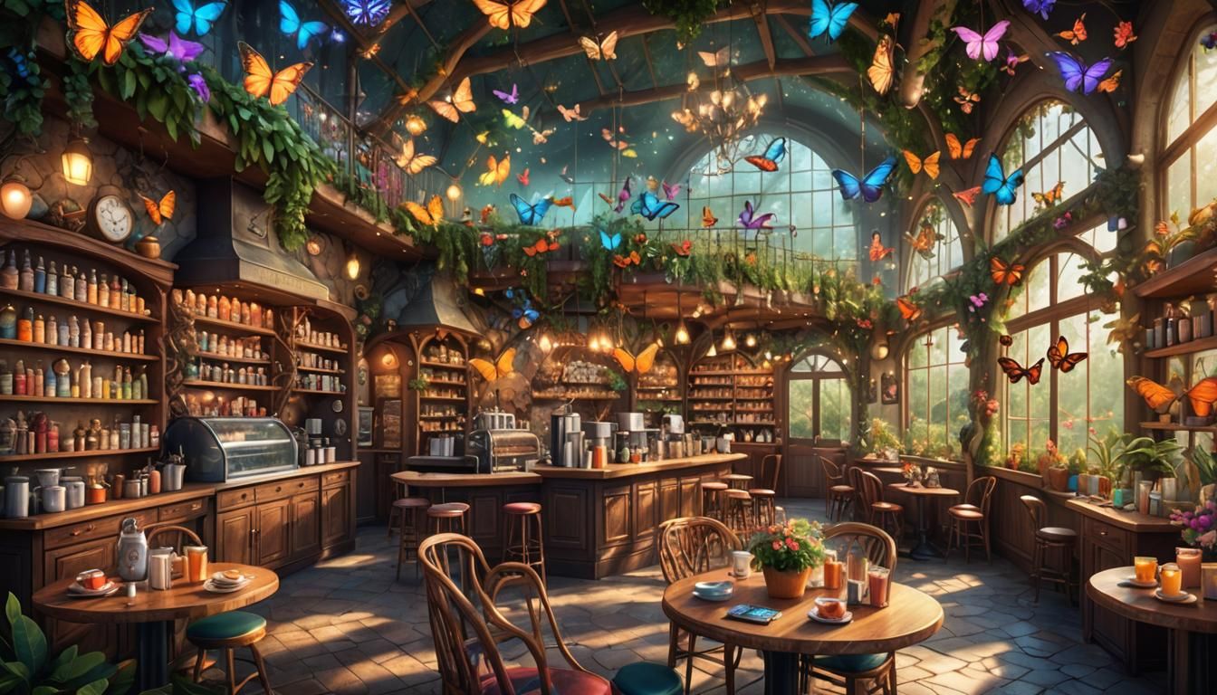 Enchanted Forest Coffee Shop: Whimsical Digital Art