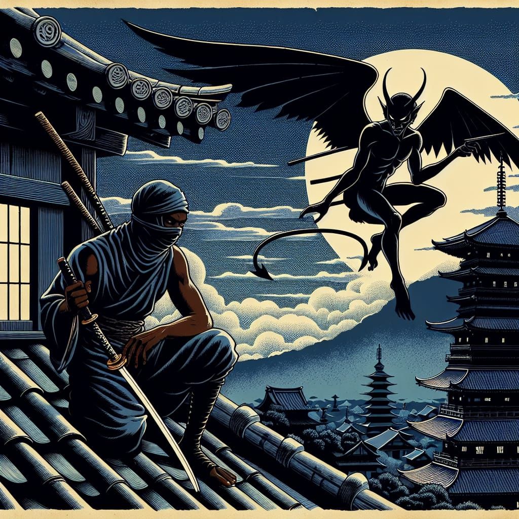 Ninja and Demon on Moonlit Rooftops: Ukiyo-e Style