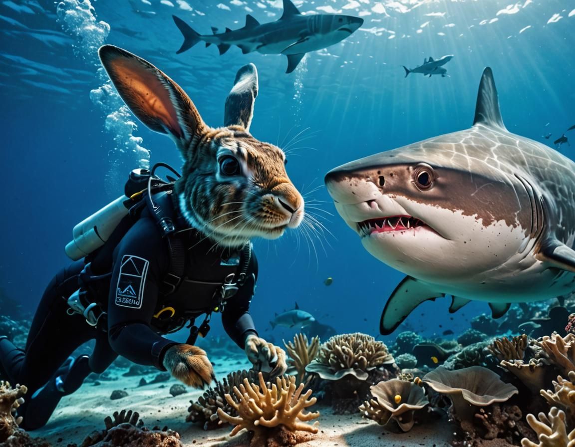 Underwater Scuba Rabbit and Shark in HDR