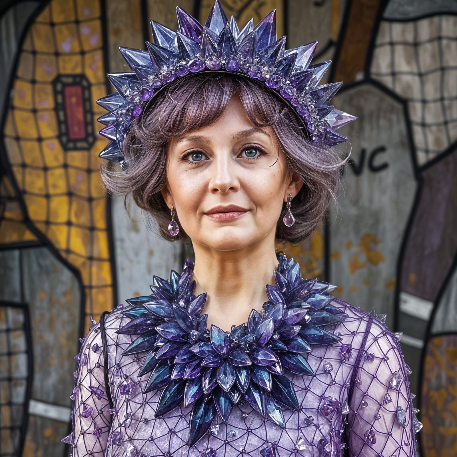 Woman in Lilac Glass Dress Adorned with Amethysts