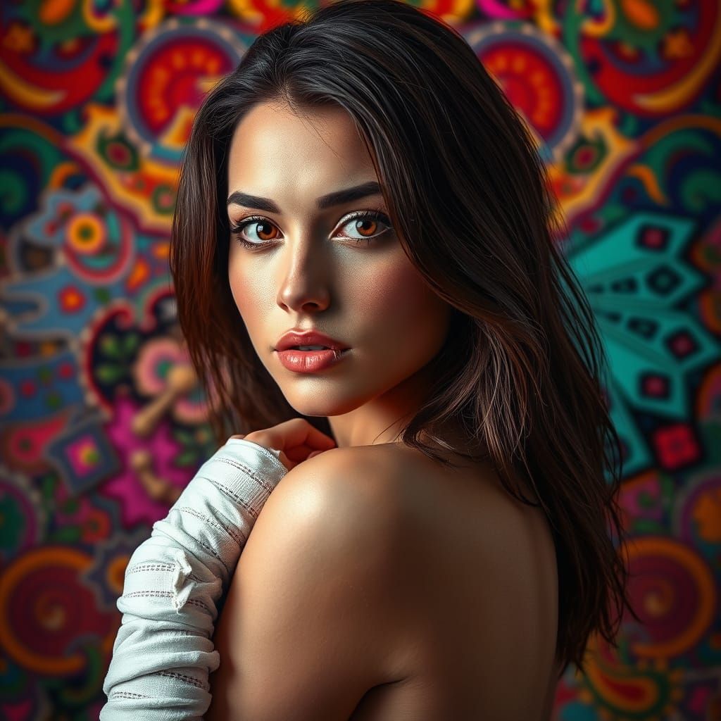 Vibrant Portrait of a Brunette Woman with a Plaster Cast