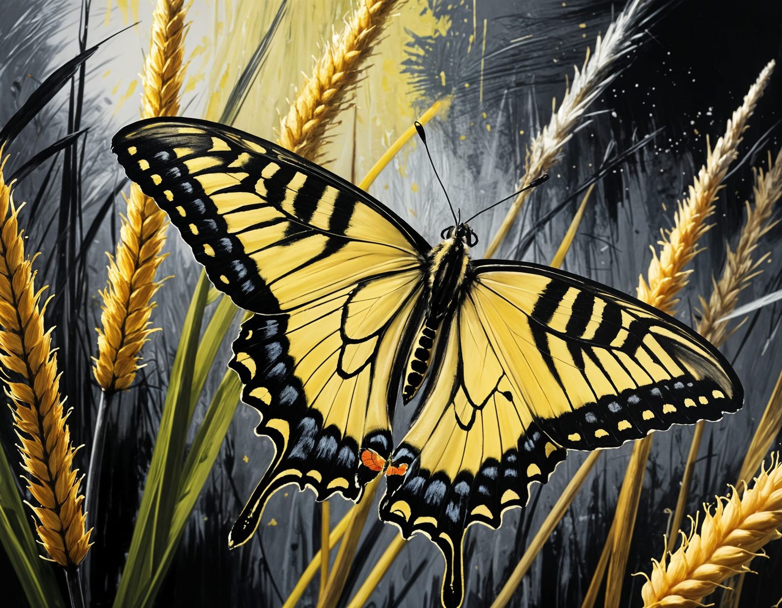 Black and Yellow Butterfly Painting with Silver Highlights