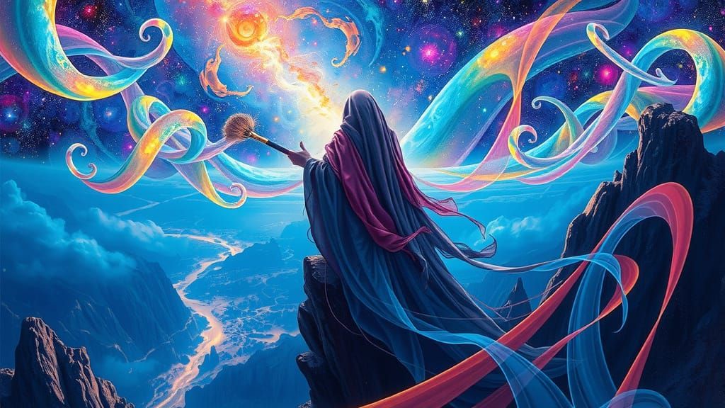 Cosmic Visionary Painter in Swirling Nebulae