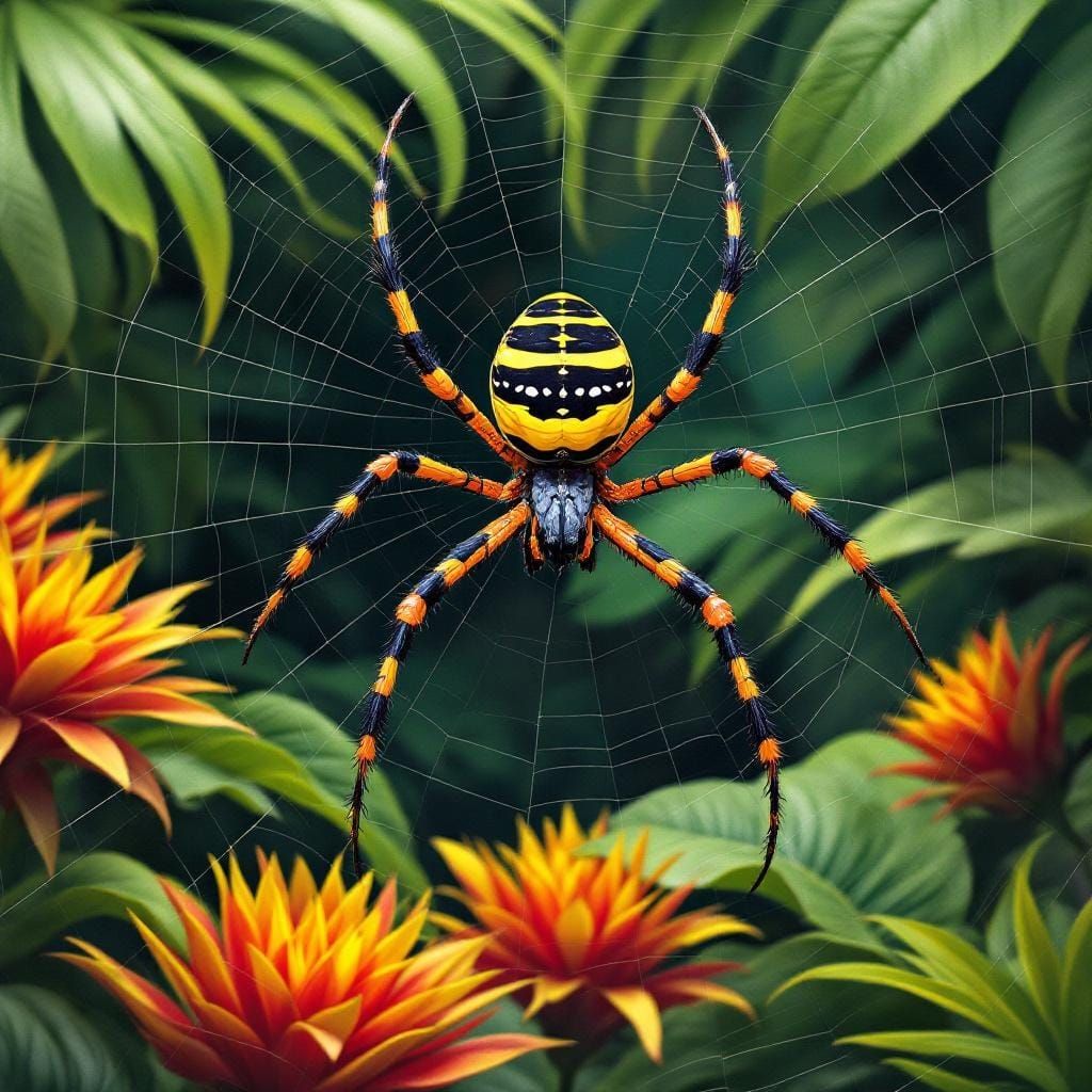 Garden Spider in Jungle Web, Wildlife Art Style