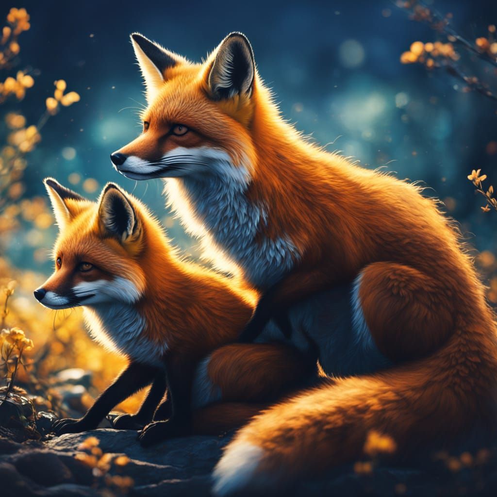 Mother Fox and Her Cubs in Warm Cinematic Lighting