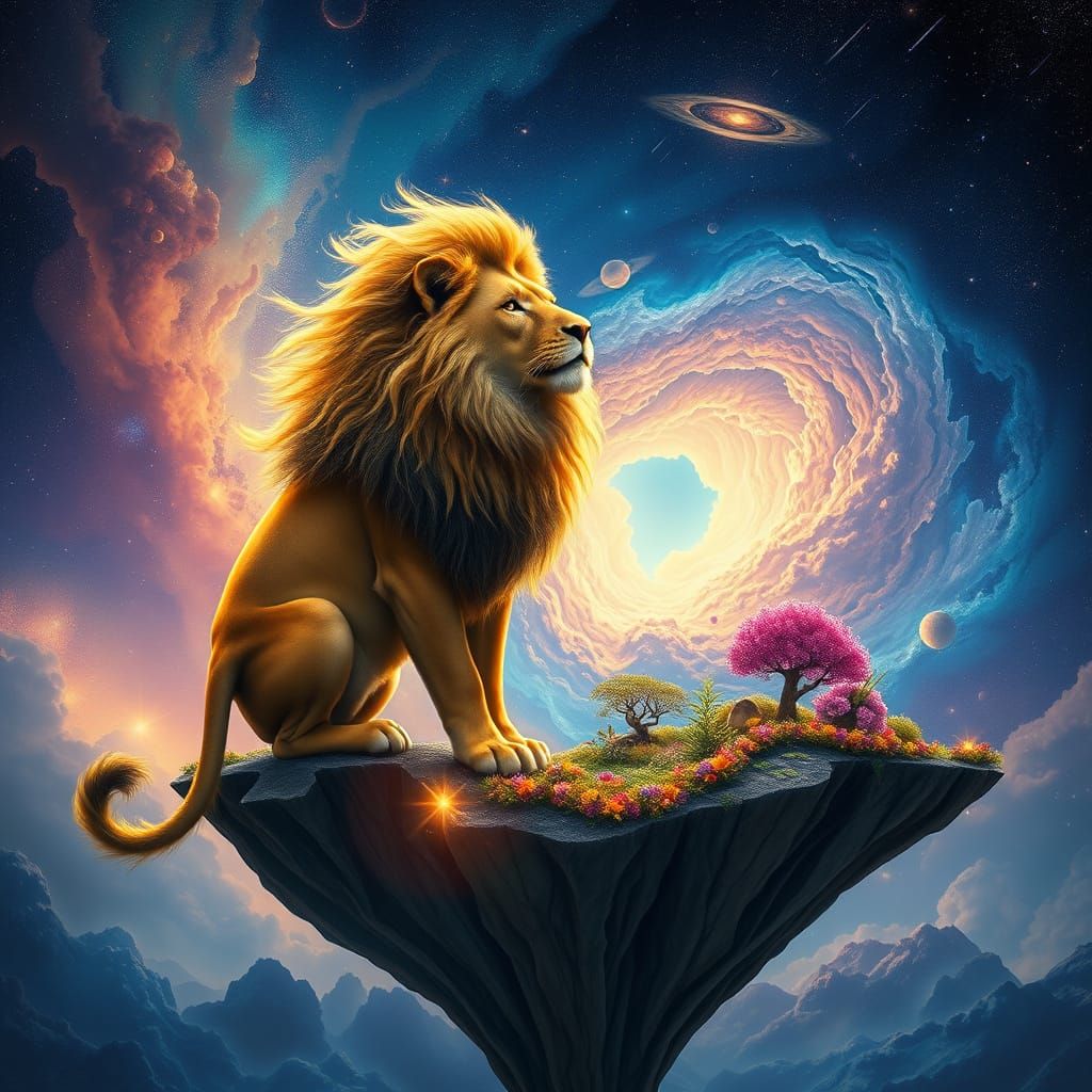 Majestic Stardust Lion on Floating Island in Cosmos