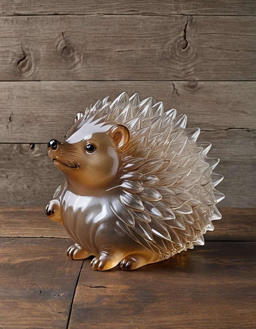 Translucent Glass Hedgehog on Rustic Tabletop