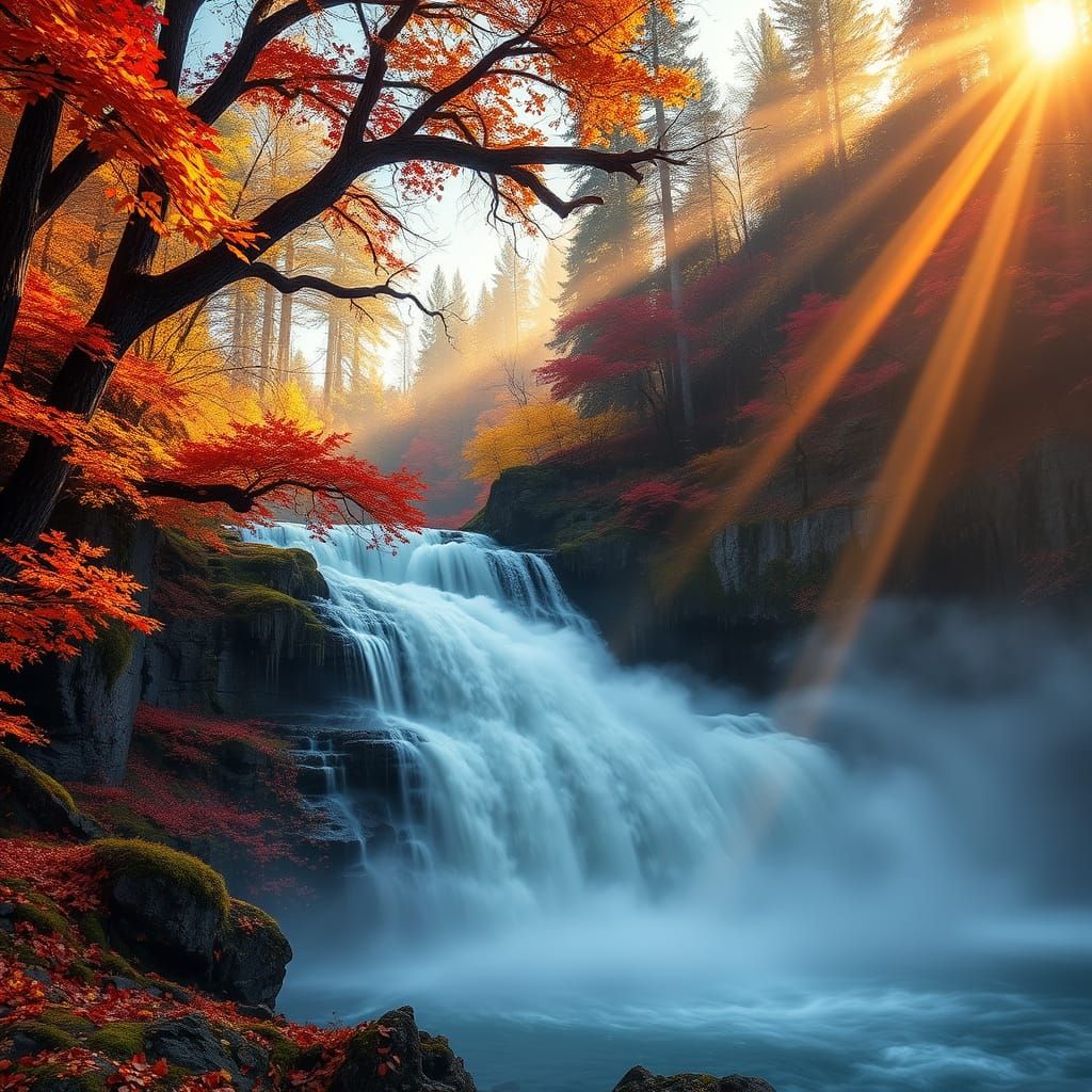 Autumn Waterfall Amidst Vibrant Forest in Golden Hour