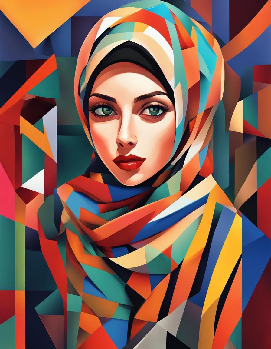 Hijab Girl in Cubist Art Deco Style