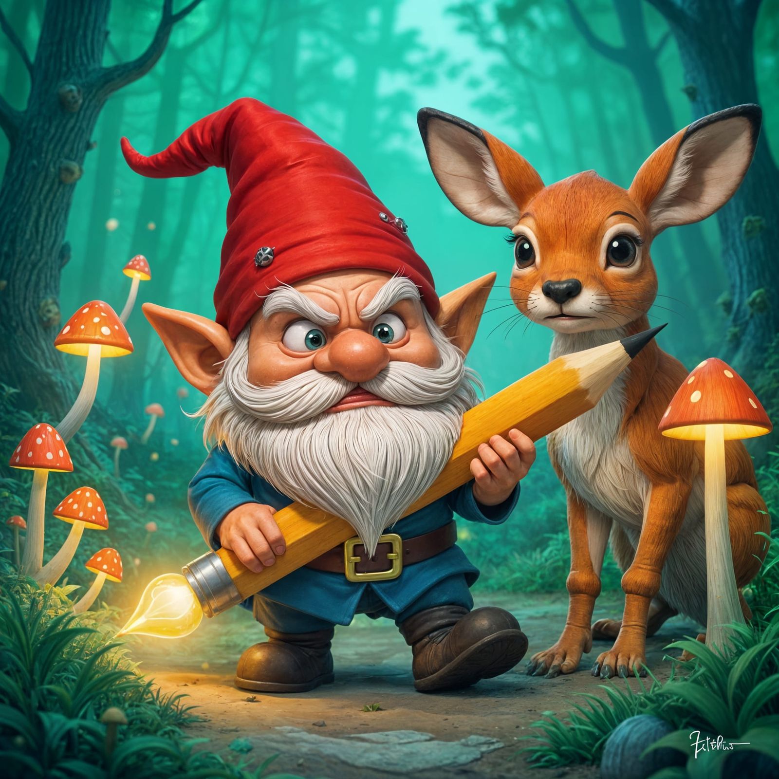 Grumpy Gnome Carries Giant Pencil in Luminous Forest