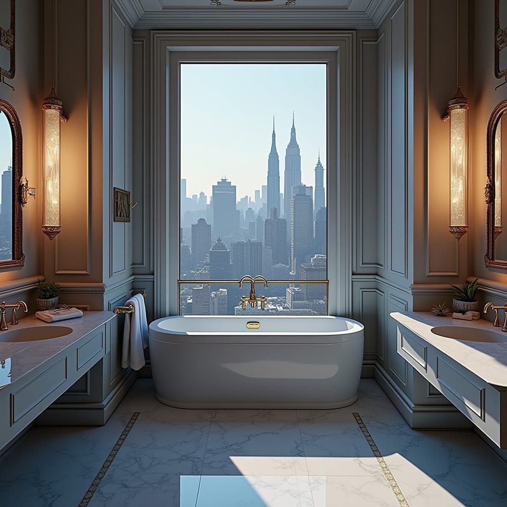 Luxurious NYC Bathroom with Vertical Window and Ornate Detai...