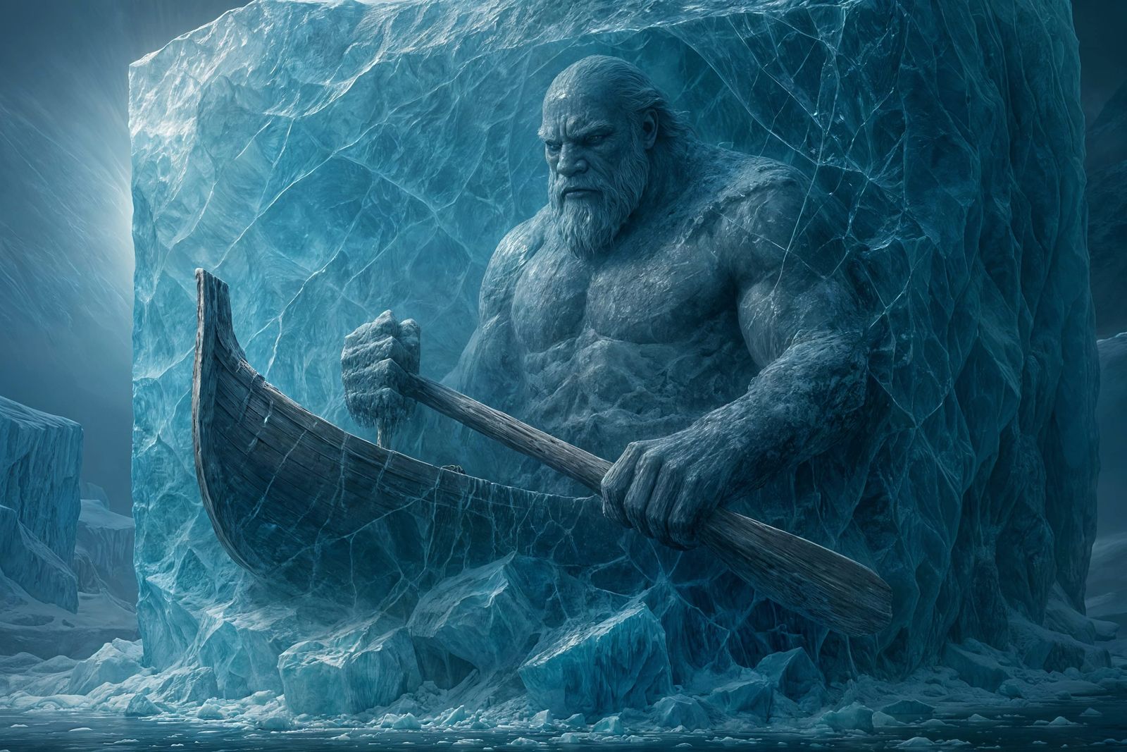 Frozen Giant in Prehistoric Boat: 8K Digital Art