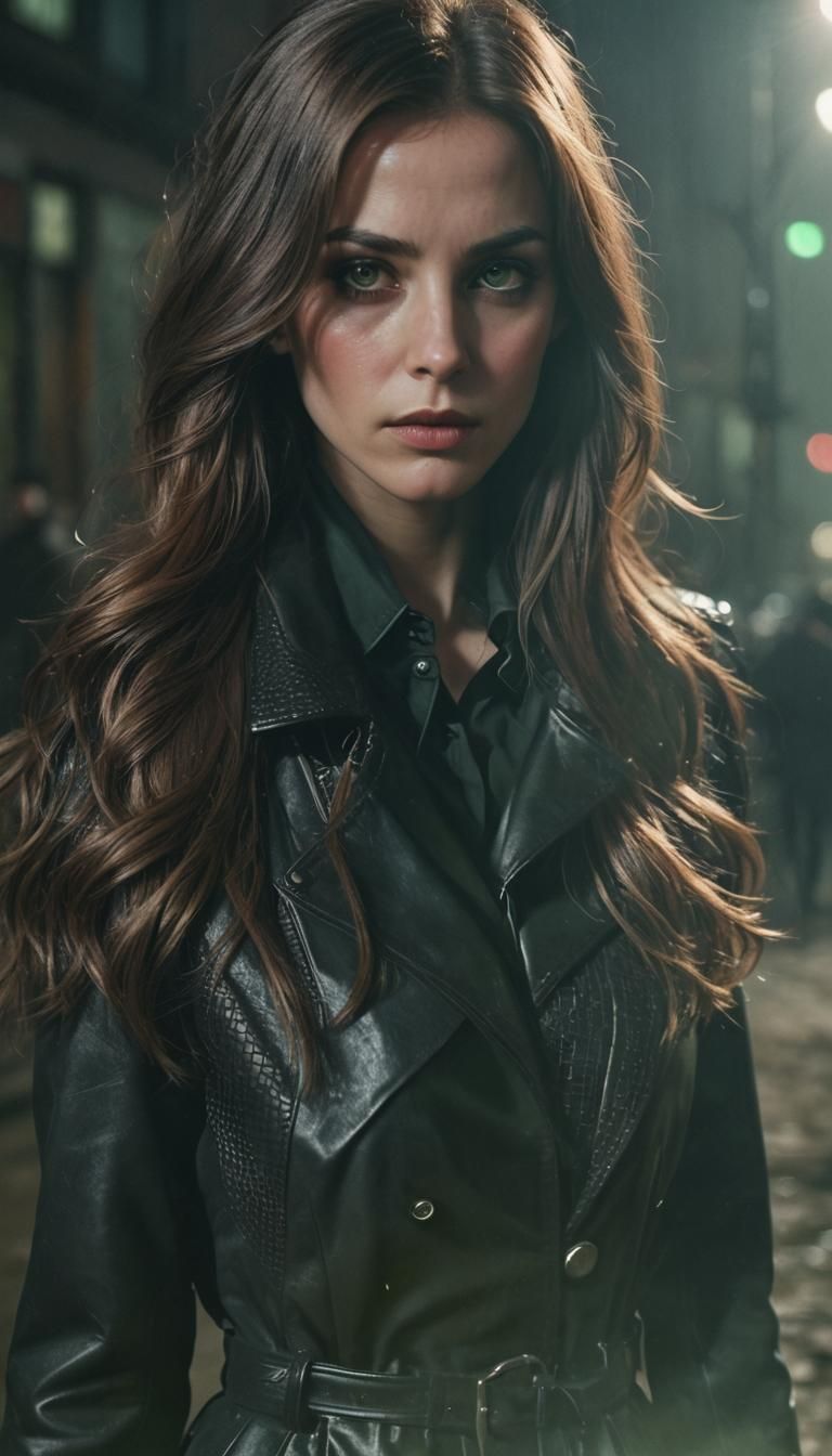 Moody Cinematic Portrait of Woman in Leather Coat