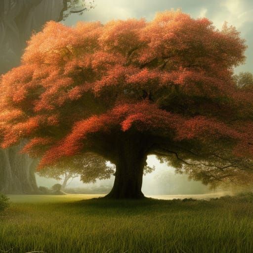 Majestic Oak Tree with Red Leaf, Digital Painting