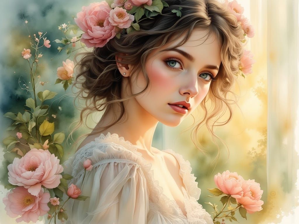 Enchanting Woman Portrait in Watercolor Impressionist Style