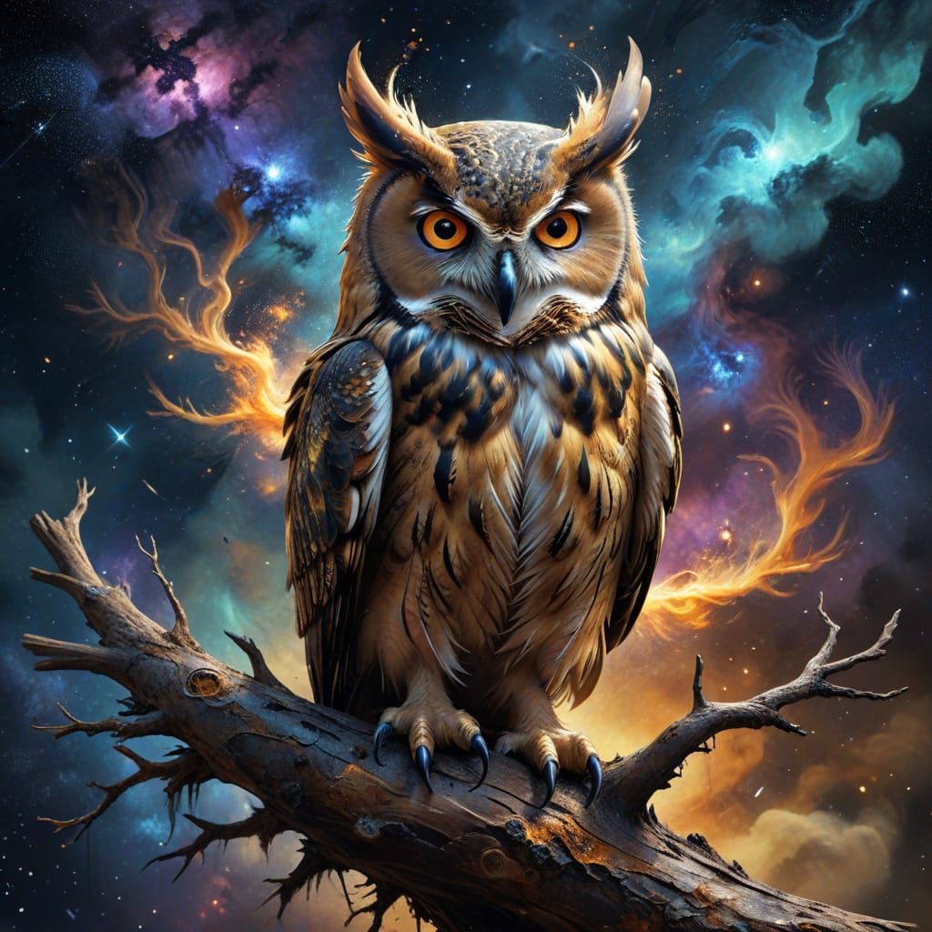 Majestic Golden Owl in Cosmic Nebula, Impasto Digital Painti...