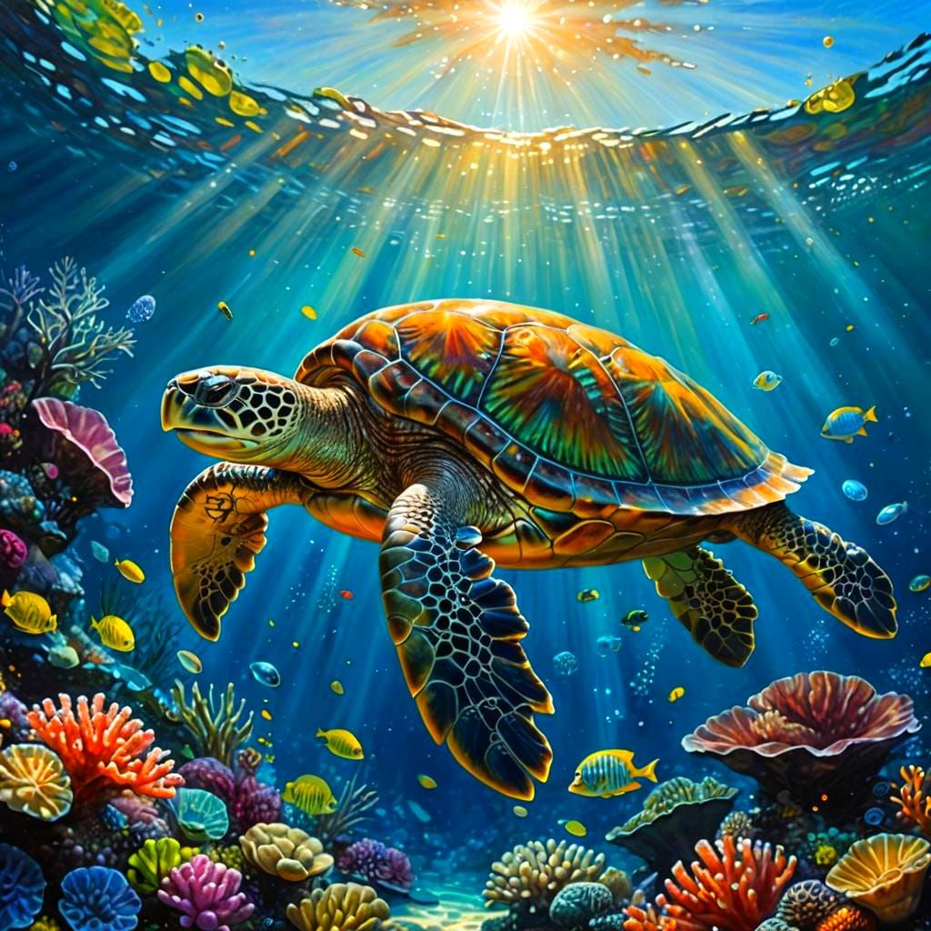 Underwater Giant Turtle in Colorful Coral Reef