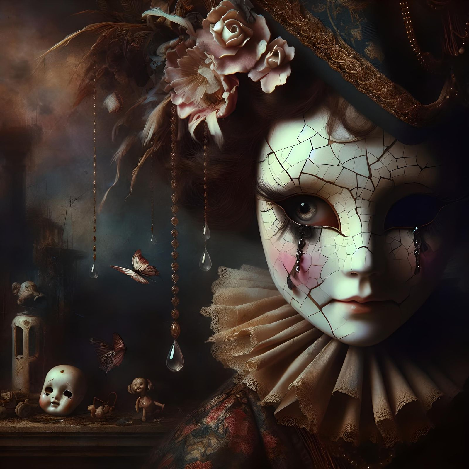 Cracked Porcelain Doll Mask in Dark Noir Style