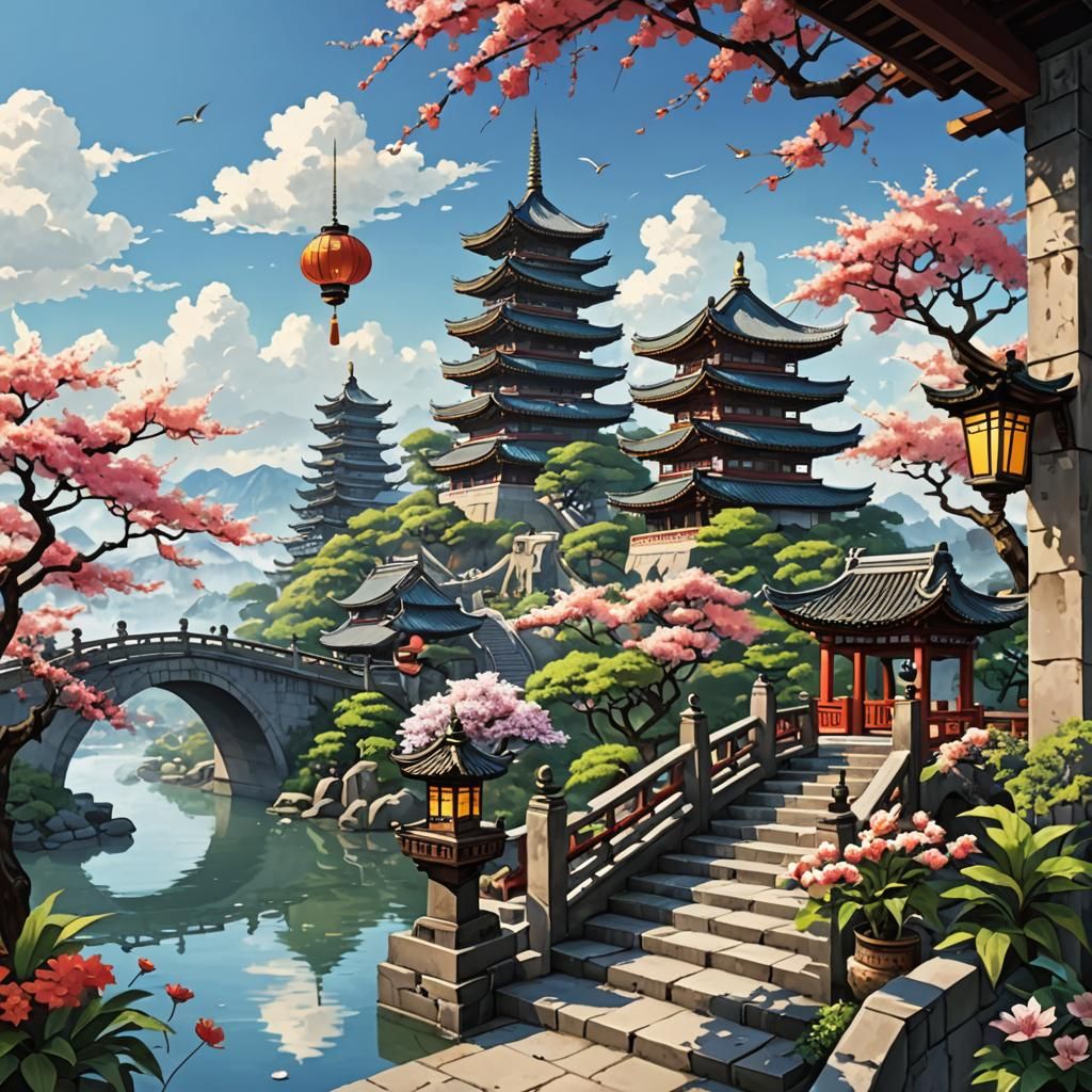 Fantasy Landscape with Pagoda and Bridge