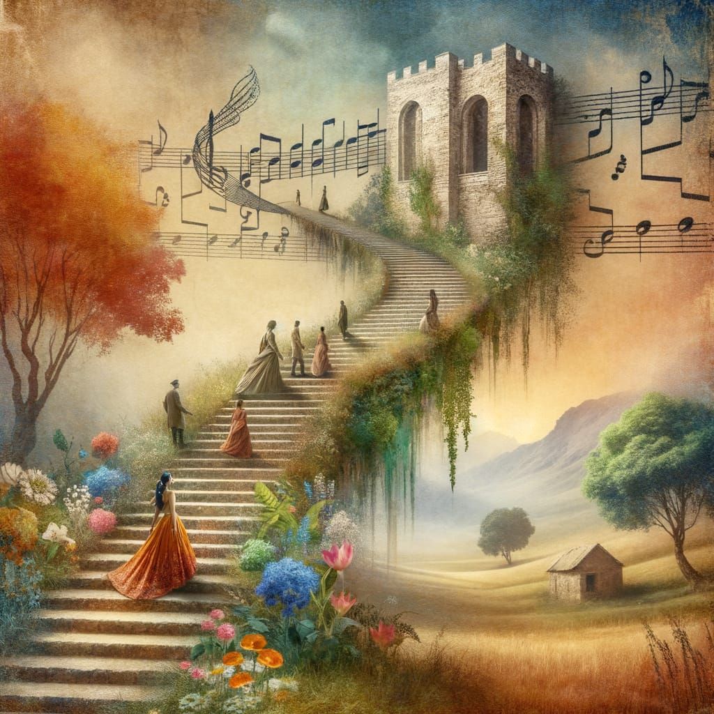 Musical Stairway to Heaven: Antique Watercolor Painting